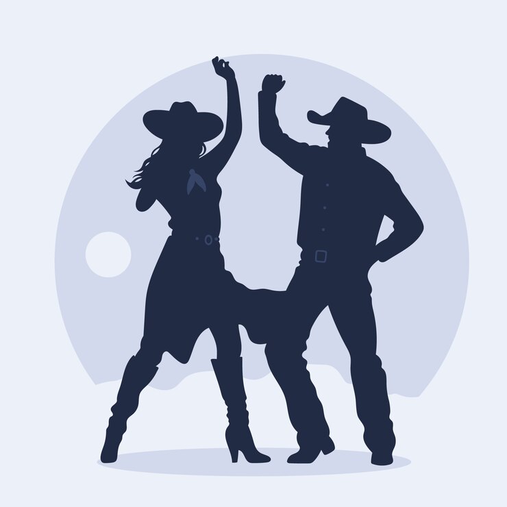 Silhouettes d'un couple de cow-boys dansant